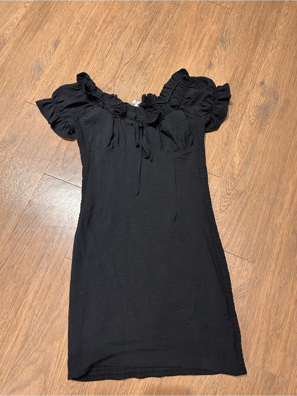 Love Tree Black Off-Shoulder Mini Dress with Front Tie and Ruffle Neckline